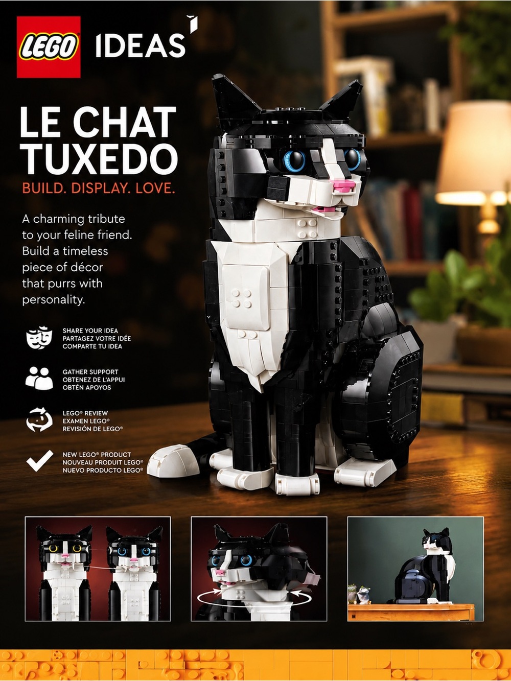 LEGO Black & White Tuxedo Cat Model with Blue Eyes